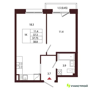Планировка 1-комн. квартира, 37.75 м² ЖК «Лисино»