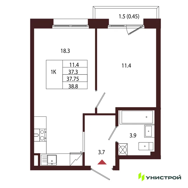 Планировка 1-комн. квартира, 37.75 м² ЖК «Лисино» Планировка 1-комн. квартира, 37.75 м² ЖК «Лисино»