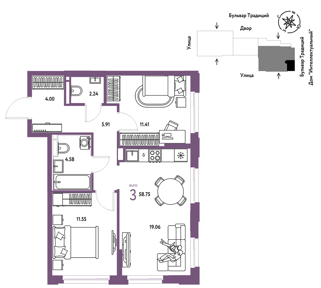 Планировка 3-комн. квартира, 58.75 м² ЖК «Микрорайон Домашний»