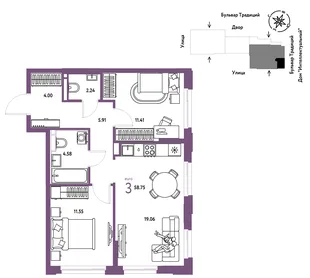 Планировка 3-комн. квартира, 58.75 м² ЖК «Микрорайон Домашний»