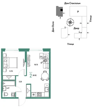 Планировка 2-комн. квартира, 39.91 м² ЖК «Европейский берег 2.0»