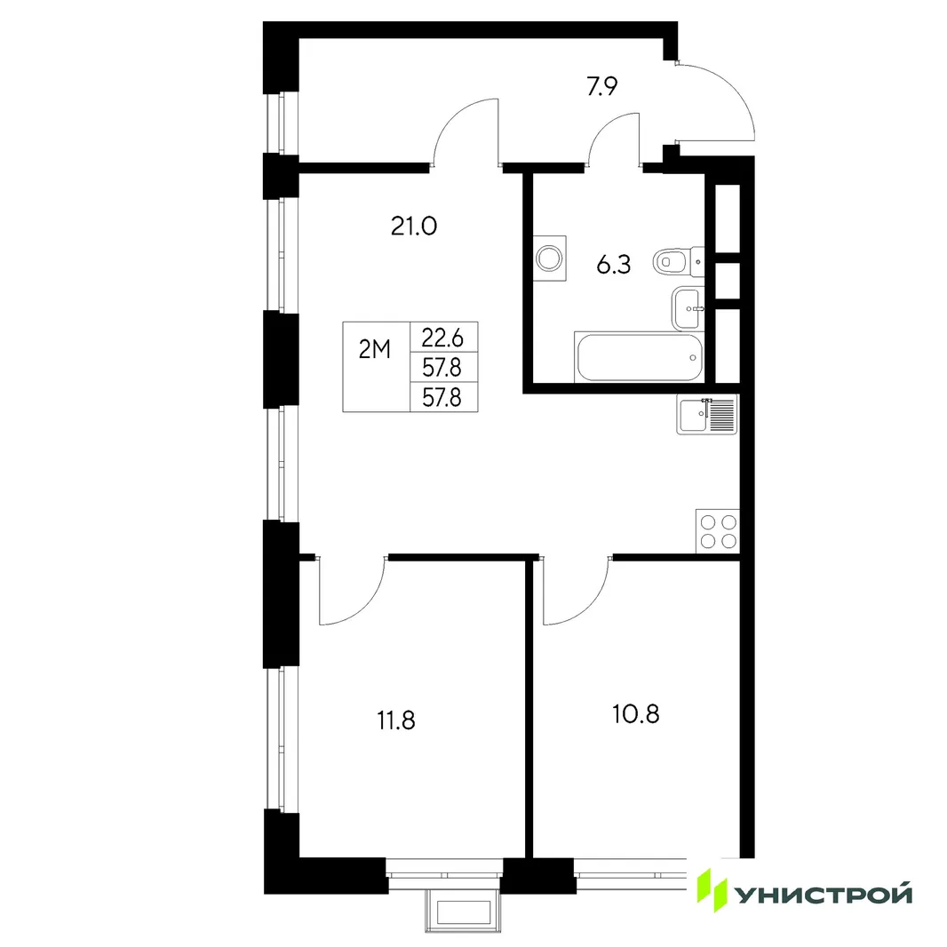 Планировка 2-комн. квартира, 57.8 м² ЖК «Стадиум»