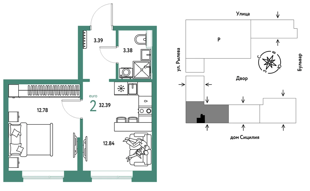 Планировка 2-комн. квартира, 32.39 м² ЖК «Остров-сад»