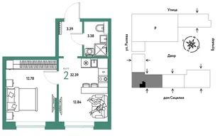Планировка 2-комн. квартира, 32.39 м² ЖК «Остров-сад»