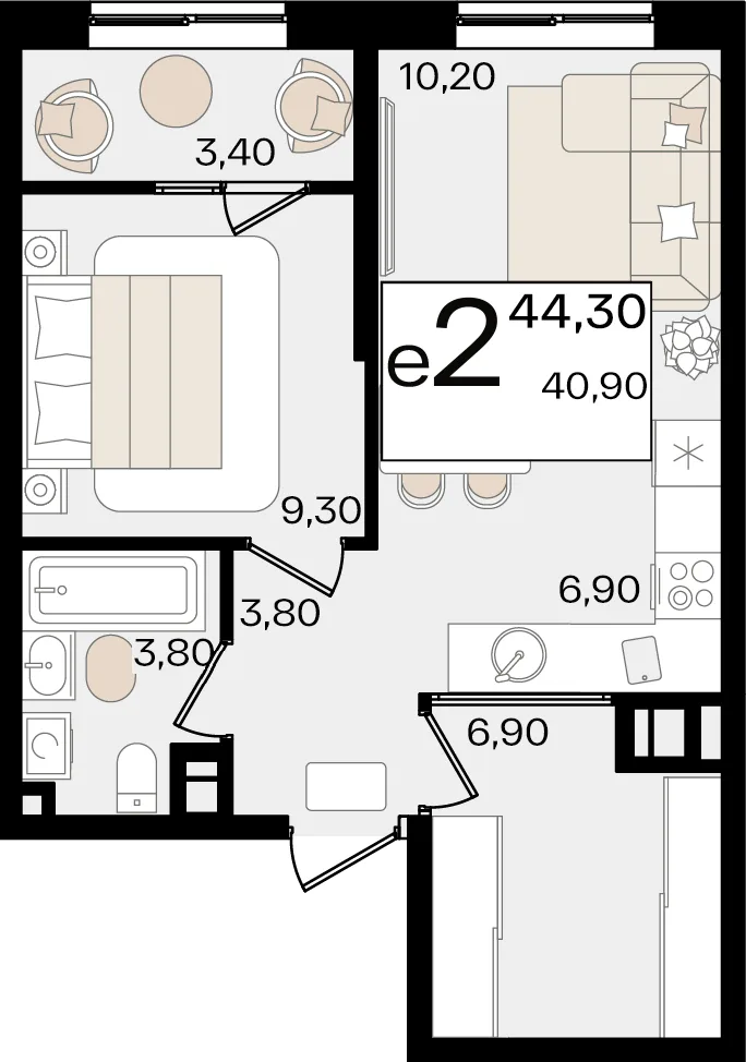 Планировка 2-комн. квартира, 44.3 м² ЖК «Патрики»