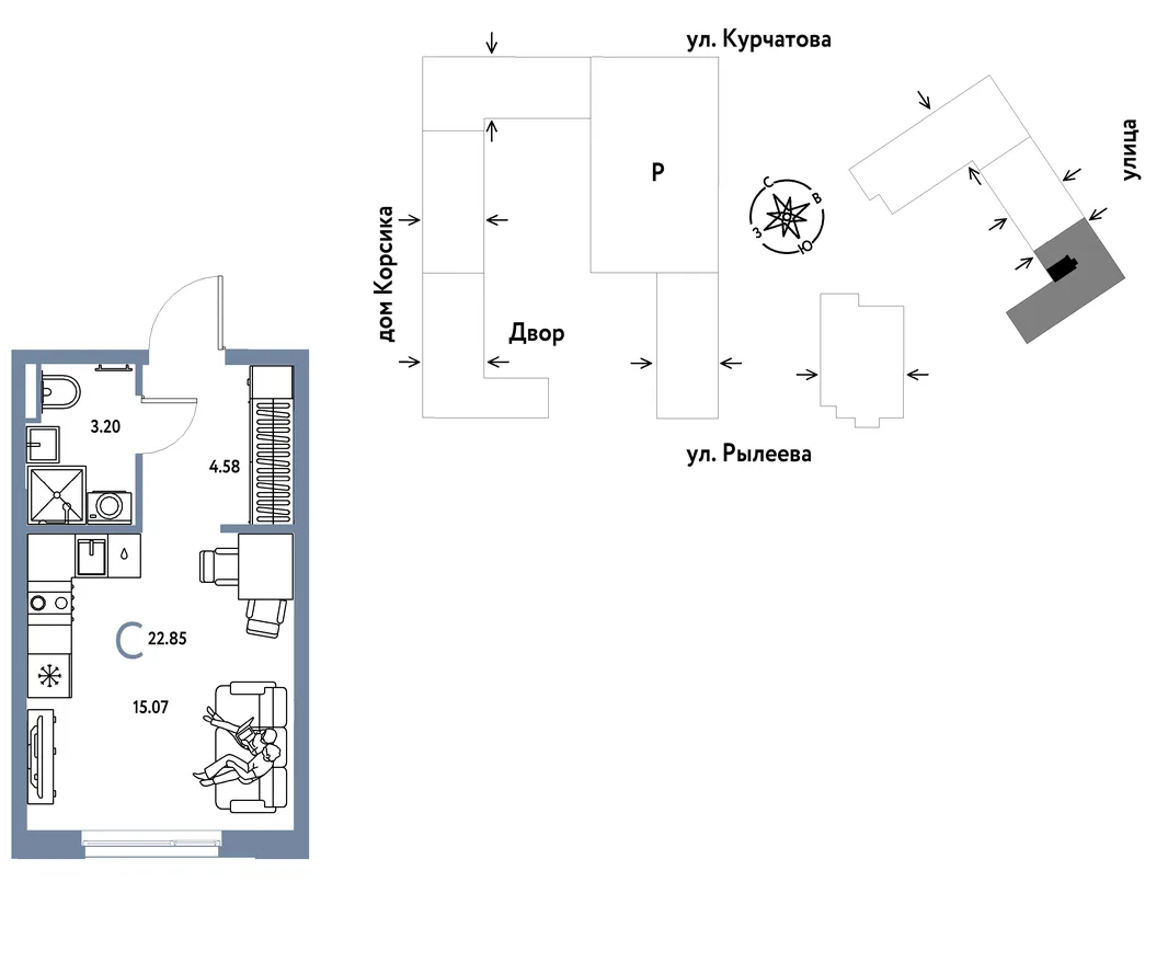 Планировка Студия, 23.03 м² ЖК «Остров-сад»