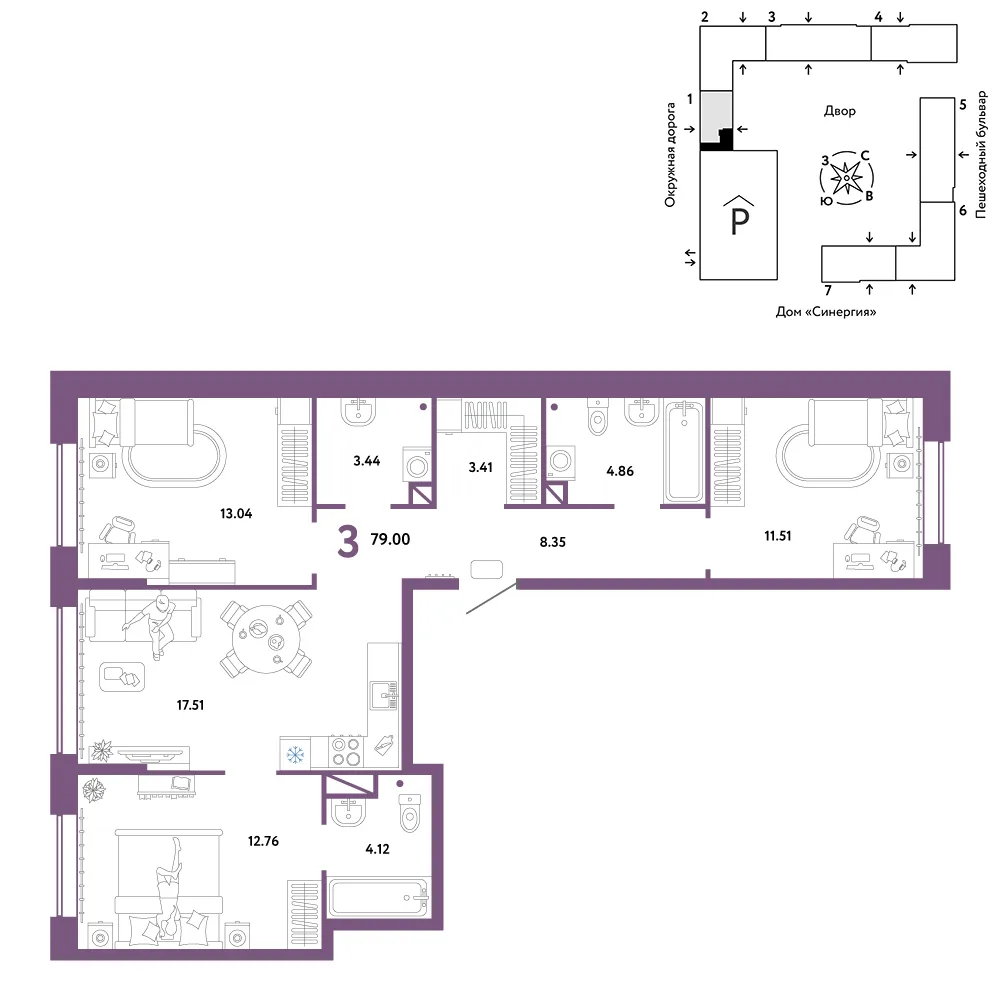 Планировка 3-комн. квартира, 79 м² ЖК «Юнион»