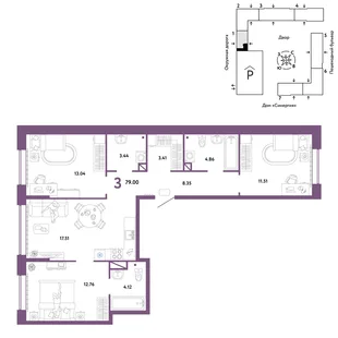 Планировка 3-комн. квартира, 79 м² ЖК «Юнион»