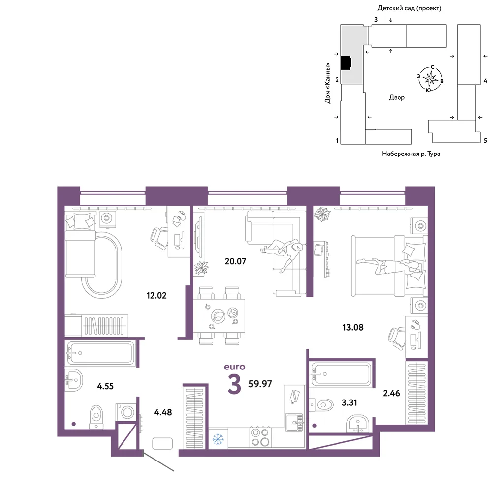 Планировка 3-комн. квартира, 59.97 м² ЖК «Европейский берег 2.0»