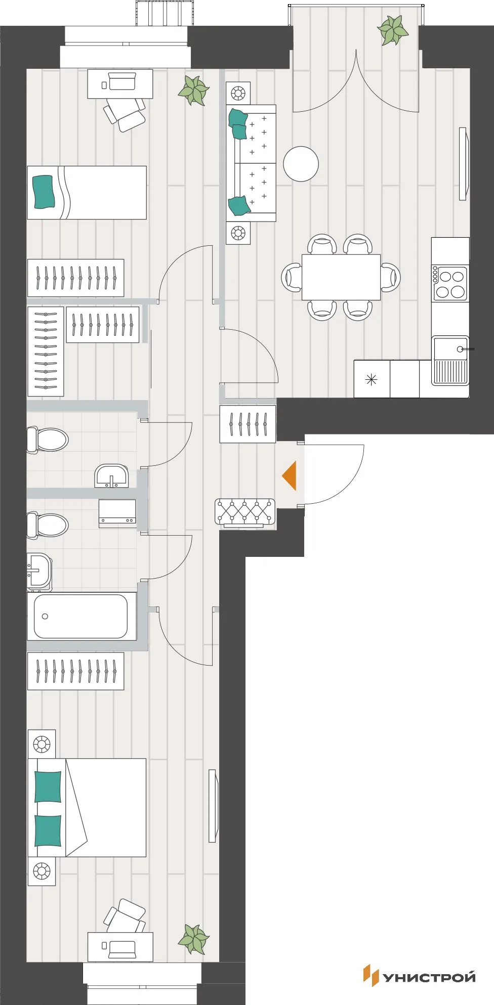Планировка 2-комн. квартира, 61.37 м² ЖК «Аквамарин»