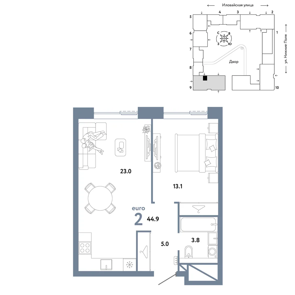 Планировка 2-комн. квартира, 44.9 м² ЖК «Страна.Заречная»