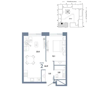 Планировка 2-комн. квартира, 44.9 м² ЖК «Страна.Заречная»