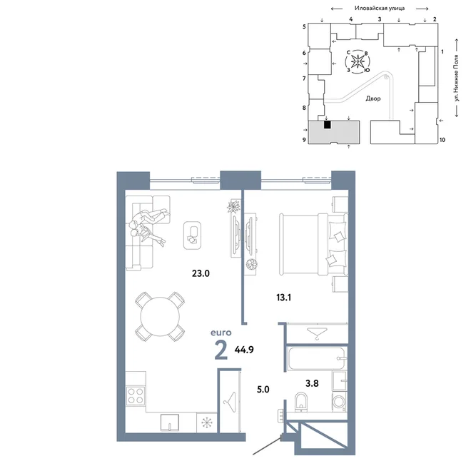 Планировка 2-комн. квартира, 44.9 м² ЖК «Страна.Заречная» Планировка 2-комн. квартира, 44.9 м² ЖК «Страна.Заречная»