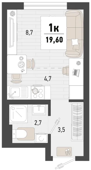 Планировка Студия, 19.6 м² ЖК «Барса»