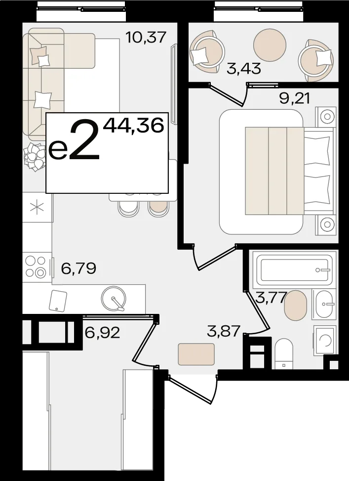 Планировка 2-комн. квартира, 44.36 м² ЖК «Патрики»