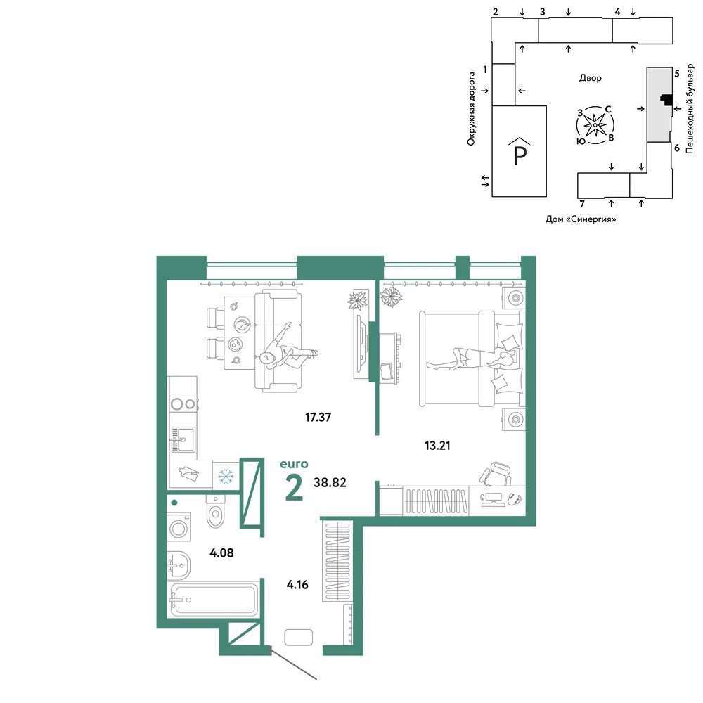 Планировка 2-комн. квартира, 38.82 м² ЖК «Юнион»