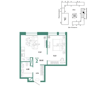 Планировка 2-комн. квартира, 38.82 м² ЖК «Юнион»