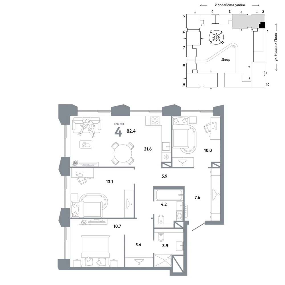 Планировка 4-комн. квартира, 82.4 м² ЖК «Страна.Заречная»
