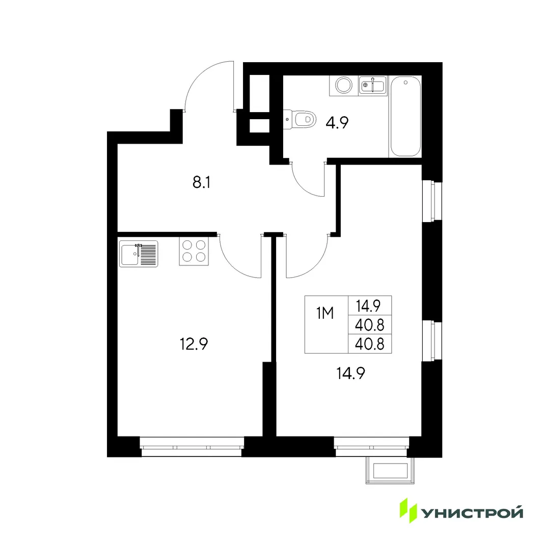 Планировка 1-комн. квартира, 40.8 м² ЖК «Стадиум»