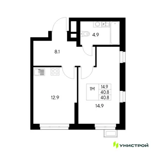 Планировка 1-комн. квартира, 40.8 м² ЖК «Стадиум»