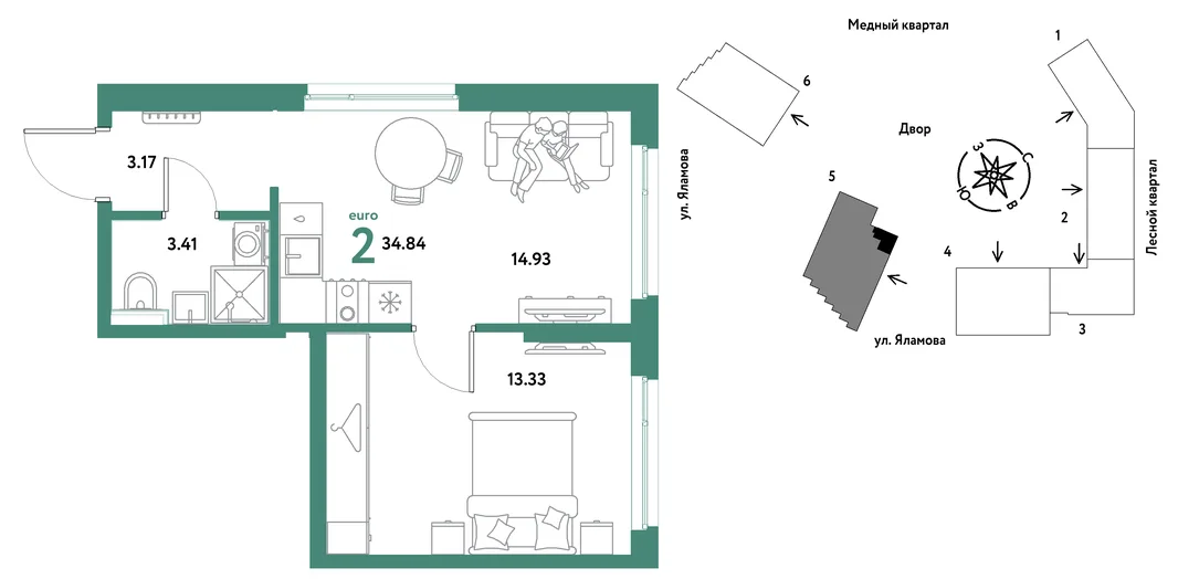 Планировка 2-комн. квартира, 34.84 м² ЖК «Сибирский сад»