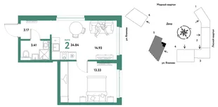 Планировка 2-комн. квартира, 34.84 м² ЖК «Сибирский сад»