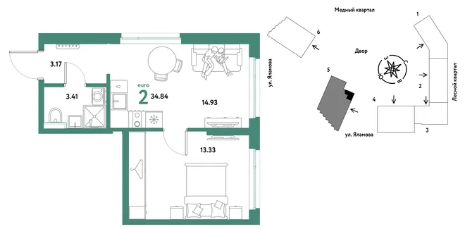 Планировка 2-комн. квартира, 34.84 м² ЖК «Сибирский сад»