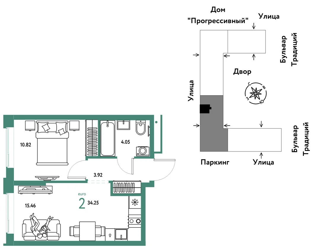 Планировка 2-комн. квартира, 34.25 м² ЖК «Микрорайон Домашний»