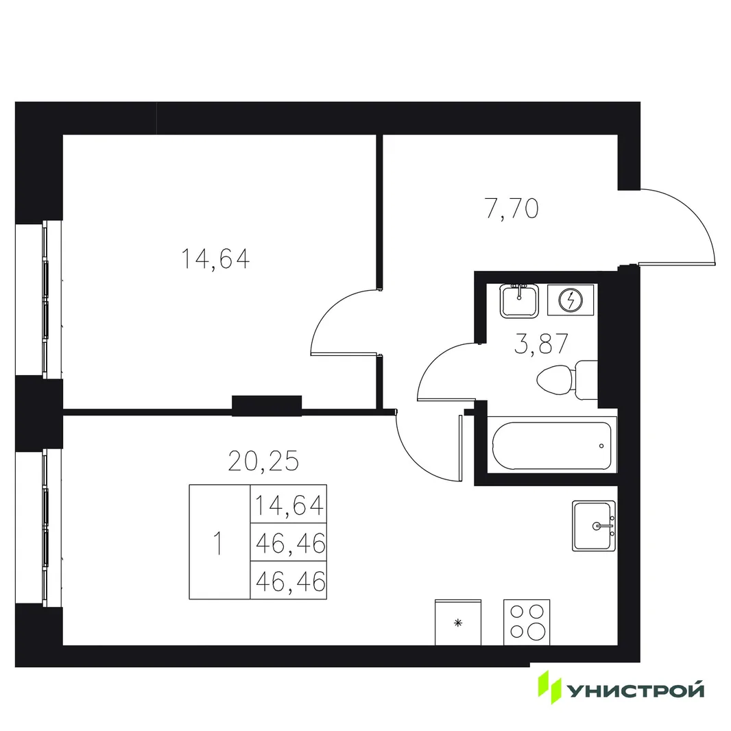 Планировка 1-комн. квартира, 46.46 м² ЖК «Statum»