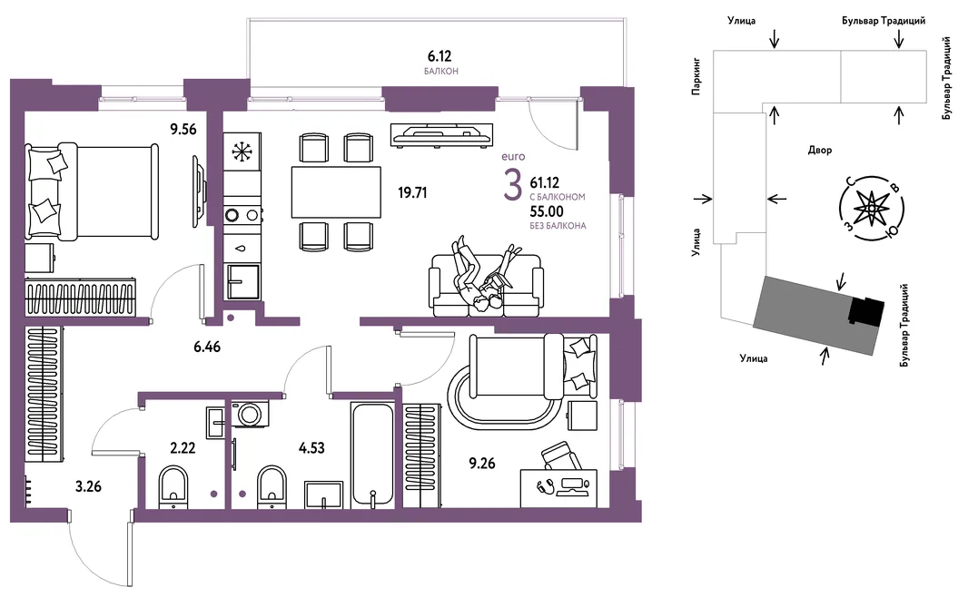 Планировка 3-комн. квартира, 61.12 м² ЖК «Микрорайон Домашний»