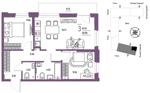 Планировка 3-комн. квартира, 61.12 м² ЖК «Микрорайон Домашний»