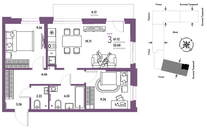 Планировка 3-комн. квартира, 61.12 м² ЖК «Микрорайон Домашний» Планировка 3-комн. квартира, 61.12 м² ЖК «Микрорайон Домашний»