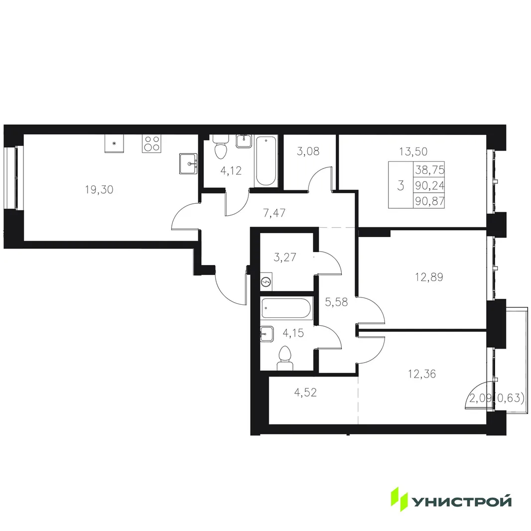 Планировка 3-комн. квартира, 90.87 м² ЖК «Statum»