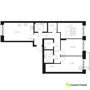Планировка 3-комн. квартира, 90.87 м² ЖК «Statum»