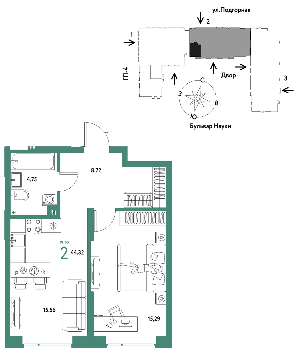 Планировка 2-комн. квартира, 44.32 м² ЖК «Авторский»