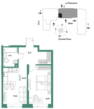Планировка 2-комн. квартира, 44.32 м² ЖК «Авторский»