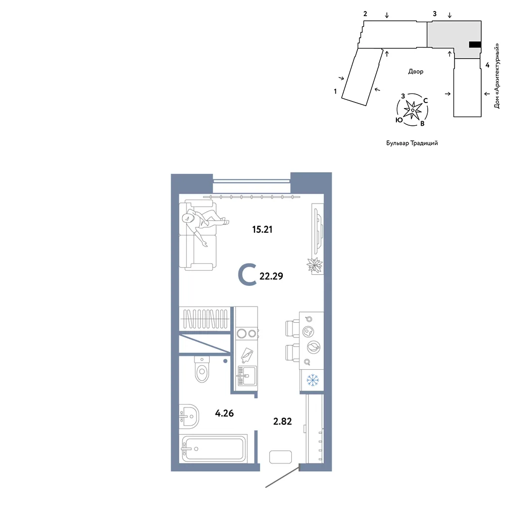 Планировка Студия, 22.29 м² ЖК «Микрорайон Домашний»