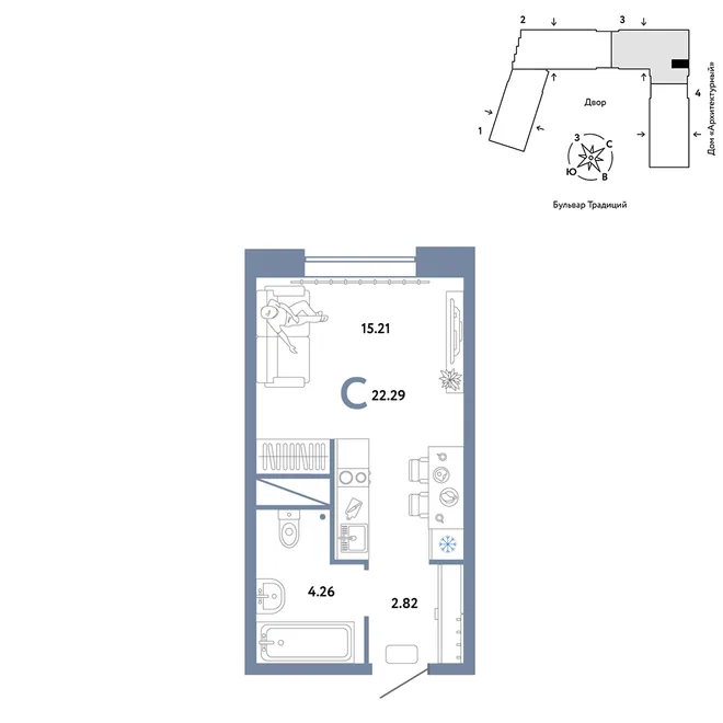 Планировка Студия, 22.29 м² ЖК «Микрорайон Домашний» Планировка Студия, 22.29 м² ЖК «Микрорайон Домашний»