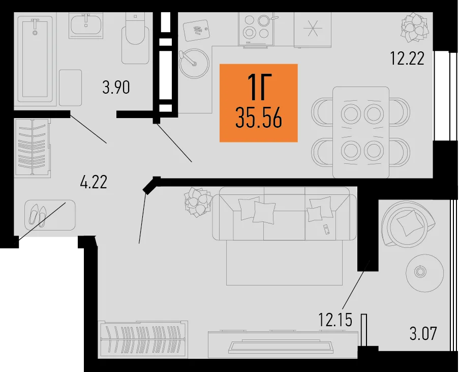 Планировка 1-комн. квартира, 35.56 м² ЖК «Столицыно»