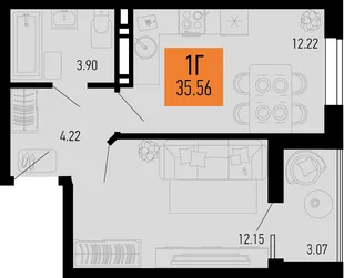 Планировка 1-комн. квартира, 35.56 м² ЖК «Столицыно»