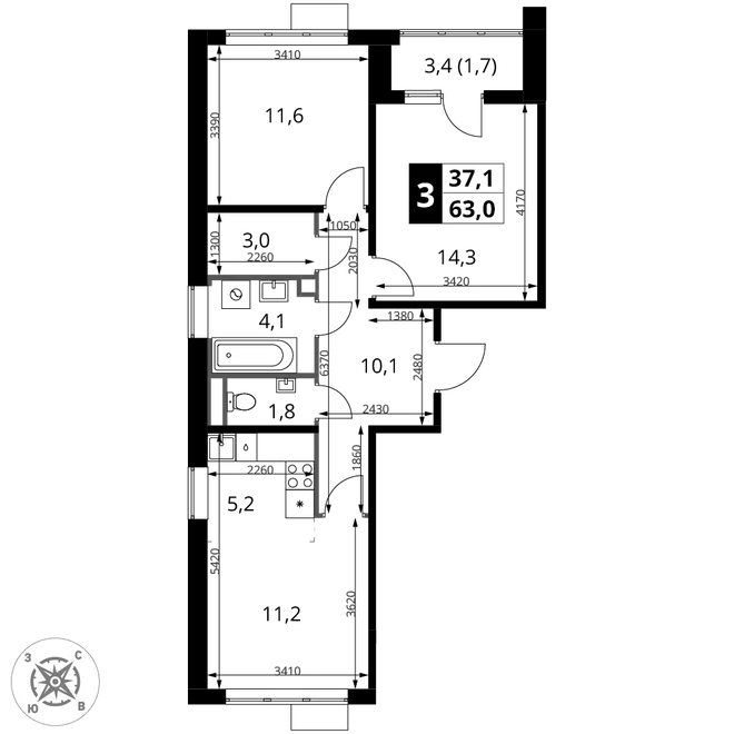 Планировка 3-комн. квартира, 63 м² ЖК «1-й Шереметьевский» Планировка 3-комн. квартира, 63 м² ЖК «1-й Шереметьевский»