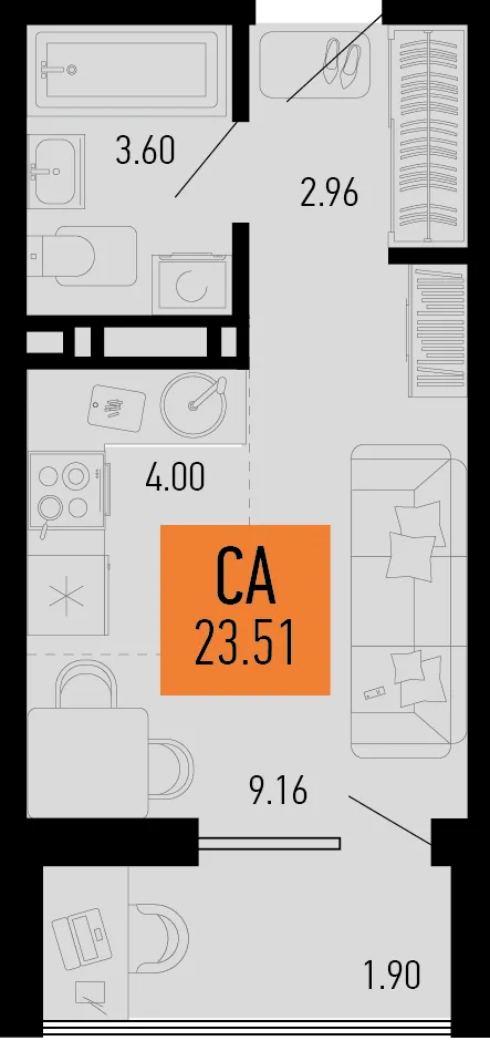 Планировка Студия, 23.51 м² ЖК «Столицыно»