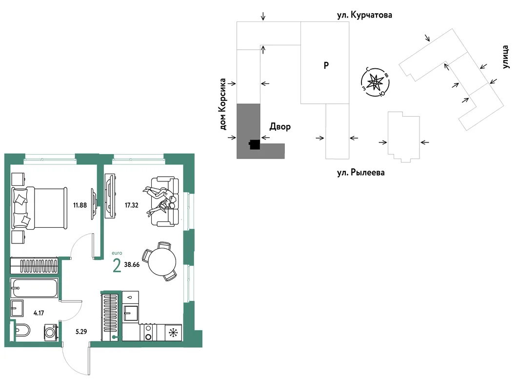 Планировка 2-комн. квартира, 38.66 м² ЖК «Остров-сад»