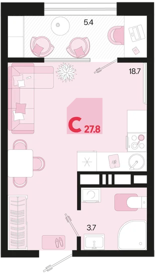Планировка Студия, 27.8 м² ЖК «Первое место»