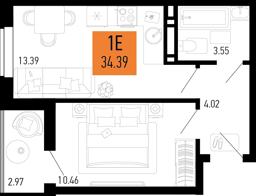 Планировка 1-комн. квартира, 34.39 м² ЖК «Столицыно»
