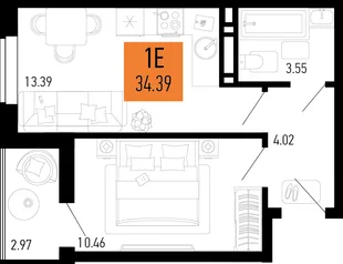 Планировка 1-комн. квартира, 34.39 м² ЖК «Столицыно»
