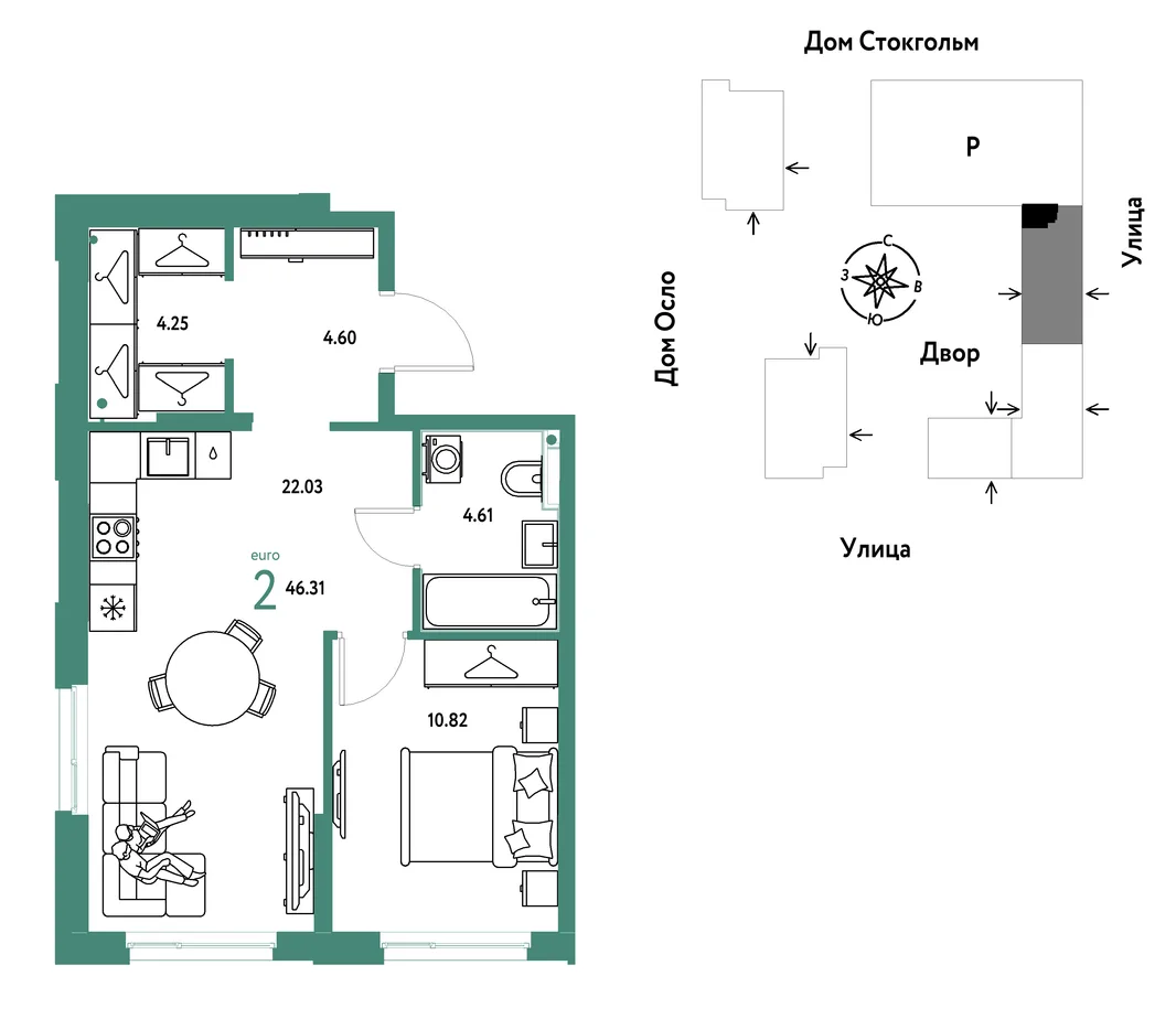 Планировка 2-комн. квартира, 46.31 м² ЖК «Европейский берег 2.0»