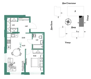 Планировка 2-комн. квартира, 46.31 м² ЖК «Европейский берег 2.0»