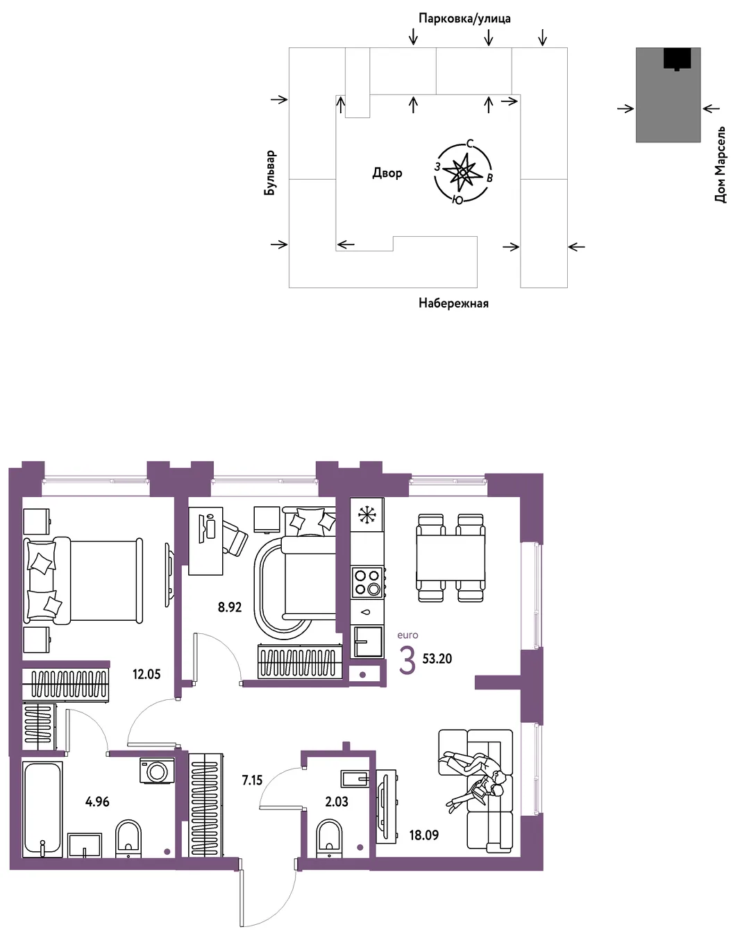 Планировка 3-комн. квартира, 53.2 м² ЖК «Европейский берег 2.0»