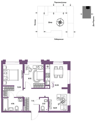 Планировка 3-комн. квартира, 53.2 м² ЖК «Европейский берег 2.0»